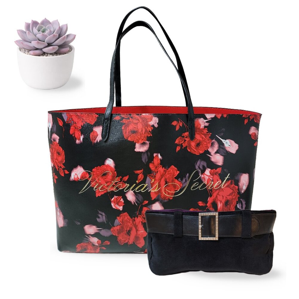 Victoria’s Secret Floral Tote + Rhinestone Belt Buckle Clutch 2-Piece Set